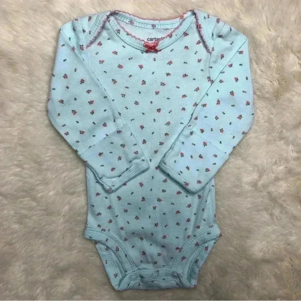 Carter’s Onesie Diaper Shirt Long Sleeved Cherries Bow Blue & Red Size Newborn